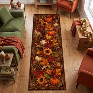 Autumn Pumpkin Runner Rug: Sunflower Maple Leaf Pinecone Harvest Hallway Carpet Thanksgiving Decor
