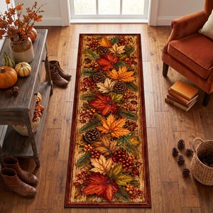 Fall Runner Rug: Autumn Maple Leaf  Pinecone , Rustic Harvest Hallway Farmhouse Kitchen Decor