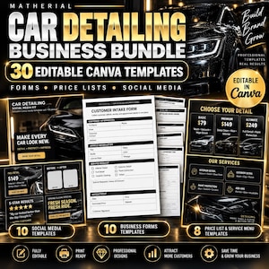 Puede incluir: Un paquete de negocios para detallado de automóviles con 30 plantillas editables de Canva, incluyendo formularios de clientes, listas de precios y gráficos para redes sociales. El diseño utiliza un esquema de color negro y dorado con textos que detallan servicios, precios y formularios para mantenimiento automotriz.