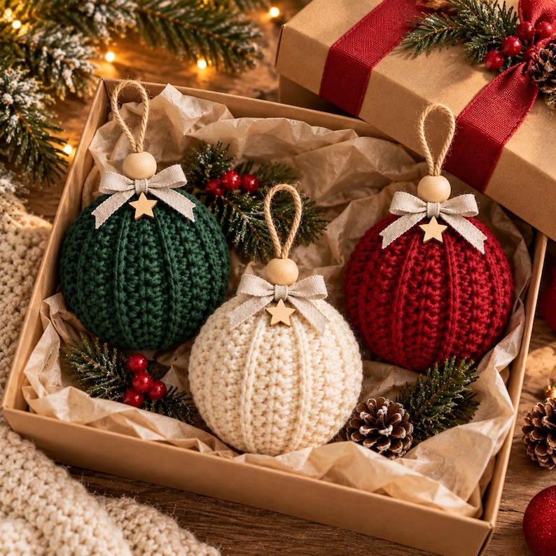 May include: Three round crochet ornaments in dark green, cream, and deep red, each topped with a wooden bead, a beige fabric bow, a small wooden star, and a jute hanging loop, presented in a gift box with tissue paper and pine accents.