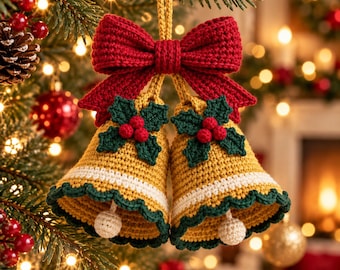 May include: A pair of crocheted golden bells joined by a large red bow. Each bell features a white horizontal stripe, a dark green scalloped edge, and a small beige clapper. A dark green holly leaf and three red berries are attached to each bell.