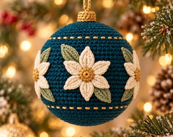 May include: A spherical Christmas bauble featuring a dark teal crocheted base with white and yellow floral appliques and green leaves. The bauble includes a gold crocheted cap and a matching gold hanging loop at the top.
