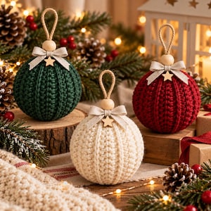May include: Three spherical Christmas ornaments featuring a ribbed crochet texture in dark green, cream, and deep red. Each ornament is topped with a natural wooden bead, a beige fabric bow, a small wooden star, and a jute twine hanging loop.