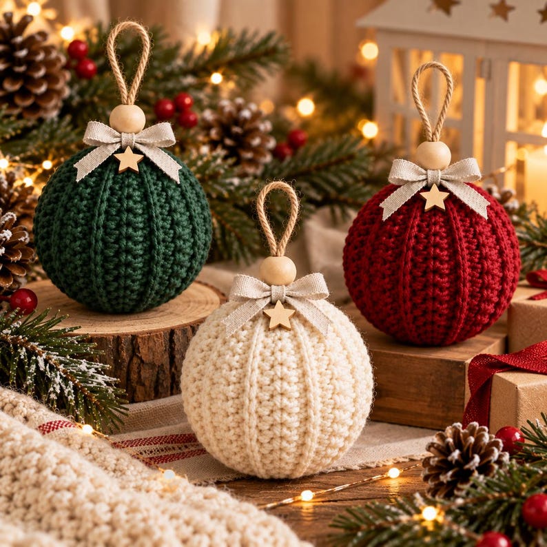 May include: Three spherical Christmas ornaments featuring a ribbed crochet texture in dark green, cream, and deep red. Each ornament is topped with a natural wooden bead, a beige fabric bow, a small wooden star, and a jute twine hanging loop.