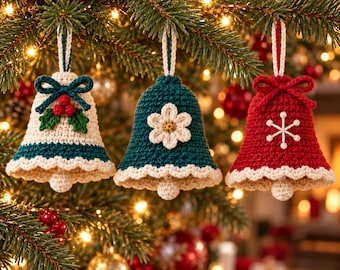 May include: Three crocheted bell ornaments hanging from a pine tree. The left bell is cream with a dark green band, a green bow, and red berries. The centre bell is dark green with a white flower. The right bell is red with a white snowflake.