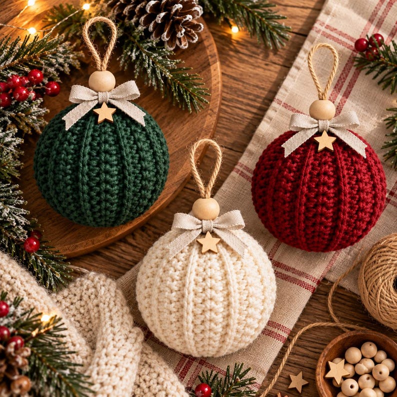 May include: Three spherical crochet ornaments in dark green, cream, and deep red. Each ornament features a ribbed texture, a beige ribbon bow, a small wooden star, a natural wooden bead, and a jute twine loop for hanging on a Christmas tree.