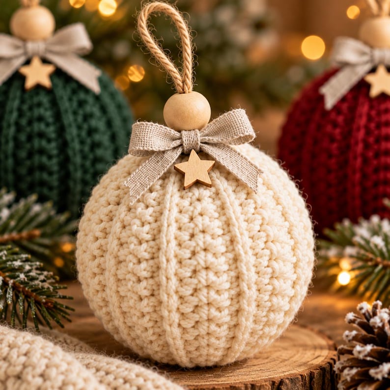 May include: A cream-colored crocheted sphere ornament featuring a textured ribbed pattern. The top is adorned with a natural wooden bead, a beige fabric bow, and a small wooden star. A jute twine loop is attached to the top for hanging purposes.