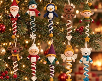 May include: A collection of ten crocheted Christmas ornaments featuring various characters including Santa, a snowman, a penguin, a gingerbread person, an elf, a reindeer, an elderly person, a gnome, an angel, and a polar bear, each with a spiral tail.
