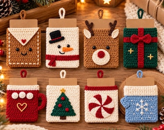 May include: Eight crocheted Christmas ornaments featuring festive designs including a gingerbread envelope, snowman, reindeer, gift, mug, Christmas tree, peppermint candy, and a blue mitten, each with a brown cardstock tag.