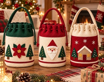May include: Three cylindrical crochet drawstring bags with handles. The left bag is green and cream with a poinsettia and trees. The centre bag is red and cream with a Santa face and trees. The right bag is red and cream with a house and snowflakes.