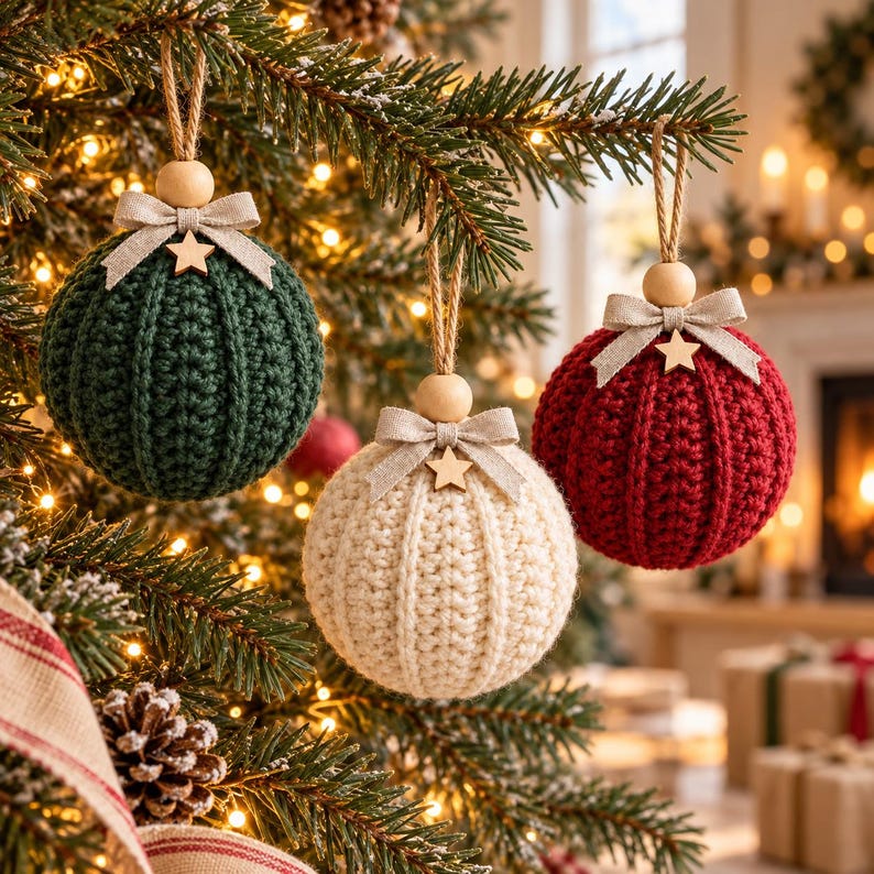 May include: Three spherical Christmas ornaments with a ribbed crochet texture in dark green, cream, and deep red. Each ornament features a natural wooden bead, a beige fabric bow, and a small wooden star charm, suspended by a jute twine loop.