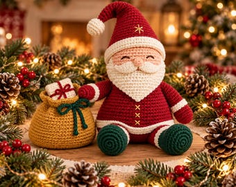 May include: A crocheted Santa Claus doll with a red hat, white beard, and red coat, sitting next to a yellow drawstring gift bag. The Santa features a small white pom-pom on the hat, green feet, and three yellow embroidered X stitches on the coat.