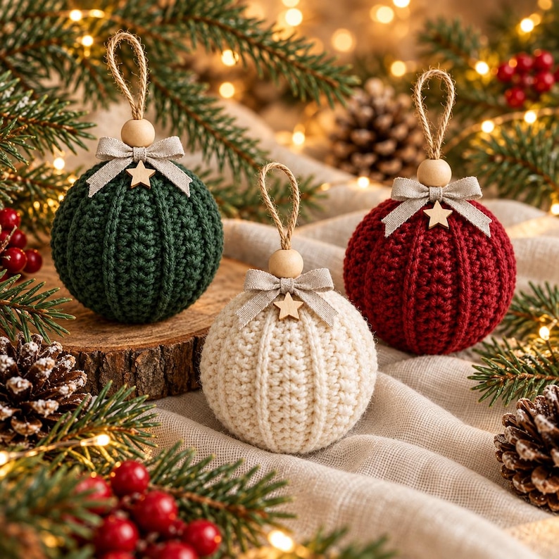 May include: Three spherical Christmas ornaments featuring a ribbed crochet texture in dark green, cream, and deep red. Each ornament is topped with a natural wooden bead, a beige fabric bow, a small wooden star, and a jute twine hanging loop.