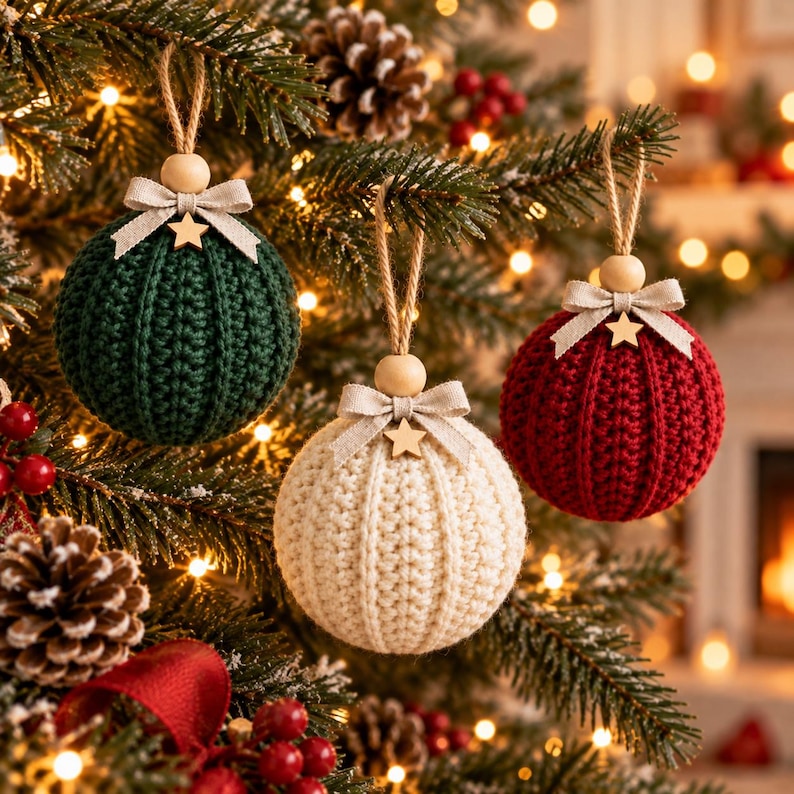 May include: Three spherical ornaments featuring a ribbed crochet texture in dark green, cream, and deep red. Each ornament is topped with a light beige fabric bow, a small wooden star, a natural wooden bead, and a jute twine hanging loop.