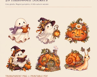 May include: A set of 20 Halloween stickers featuring illustrations of ghosts, pumpkins, and a snail. The text reads MISHWEAR, 20 Halloween Stickers, Cozy ghosts. Magical pumpkins. A little autumn wonder., and TRANSPARENT PNG + PRINTABLE PDF.