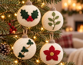 May include: Four round, cream-coloured crocheted ornaments hang from a tree. Each features a different stitched design: green holly leaves with red berries, a green sprig with white berries, green ivy leaves, and a large red poinsettia flower.