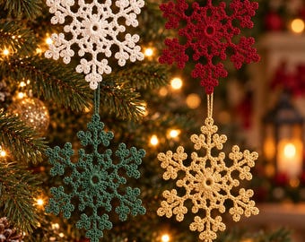 May include: Four crocheted snowflake ornaments in white, dark red, forest green, and gold. Each six-pointed star-shaped decoration features intricate thread work and a small loop at the top for hanging on a Christmas tree branch.