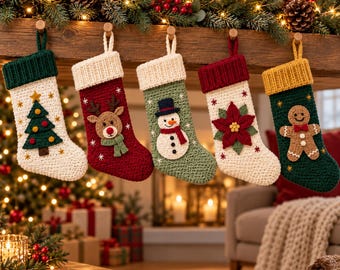May include: Five crocheted Christmas stockings hanging in a row. The first is white with a green cuff and tree. The second is red with a white cuff and reindeer. The third is green with a white cuff and snowman. The fourth is white with a red cuff and poinsettia. The fifth is dark green with a yellow cuff and gingerbread man.