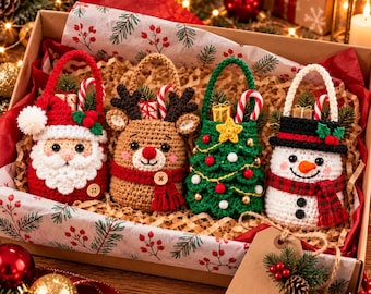 May include: A set of four crocheted Christmas ornaments in a gift box, featuring a Santa Claus, a reindeer, a decorated Christmas tree, and a snowman. Each ornament has a handle, a small gift box, and a candy cane tucked inside the top.