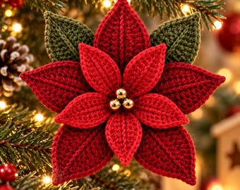 May include: A crocheted poinsettia ornament featuring vibrant red petals and dark green leaves. The centre of the flower is adorned with three small, shiny gold beads. A white string is attached to the top for hanging on a tree.