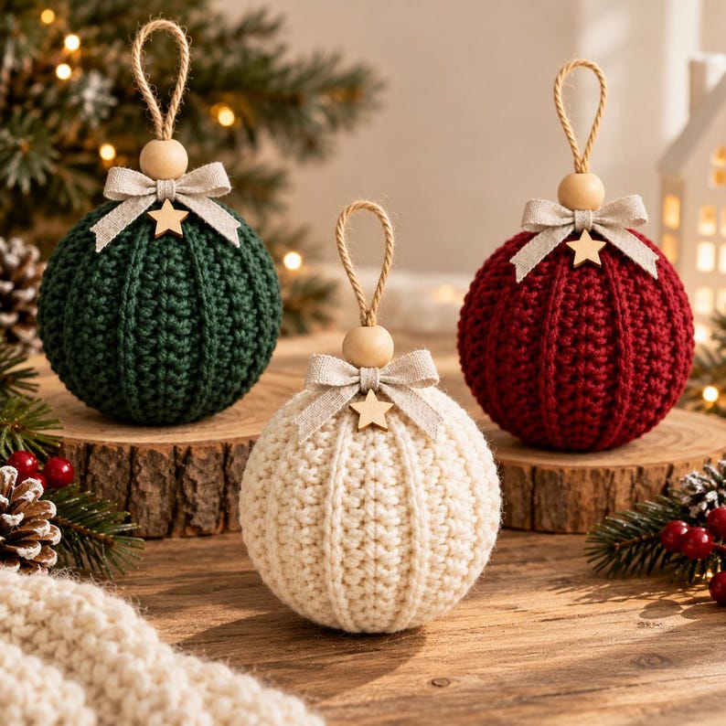 May include: Three spherical Christmas ornaments in dark green, cream, and deep red. Each features a ribbed crochet texture, a natural wooden bead, a beige fabric bow, a small wooden star accent, and a jute twine loop for hanging purposes.