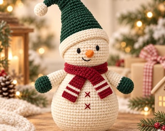 May include: A crocheted snowman figurine featuring a cream-coloured body, a dark green pointed hat with a white pom-pom, dark green mittens, and a red scarf with white stripes. The snowman has a small orange nose and two red stitched X marks.