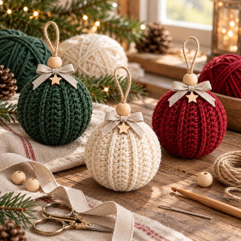 May include: Three spherical crochet ornaments in dark green, cream, and deep red. Each ornament features vertical ribbed texture, a beige fabric bow, a small wooden star embellishment, a natural wooden bead, and a jute twine hanging loop.