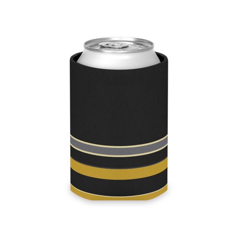 Abstract Racing Stripe Can Cooler, Black Gold Geometric Can Insulator (Midnight and Gold), Motorsport Gift image 5
