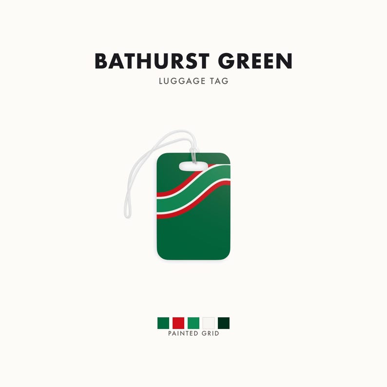 Abstract Racing Stripe Luggage Tag, Green White Red Geometric Bag Tag (Bathurst Green), Travel Gift for Him image 1