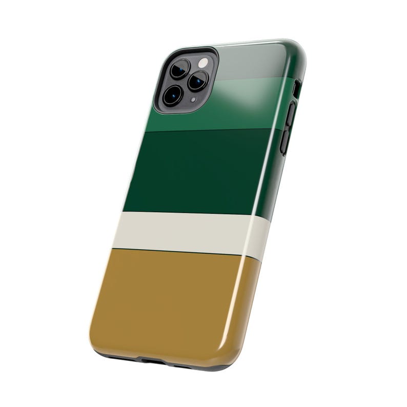 Abstrakcyjne etui na telefon z wyścigowymi paskami, mosiężna geometryczna obudowa w kolorze British Racing Green (Brooklands Green), prezent w stylu retro Motorsport zdjęcie 16