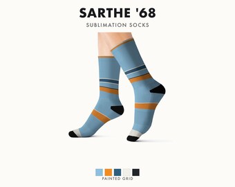 Abstract Racing Stripe Socks, Powder Blue Marigold Novelty Dress Socks (Sarthe ’68), Motorsport Gift for Him