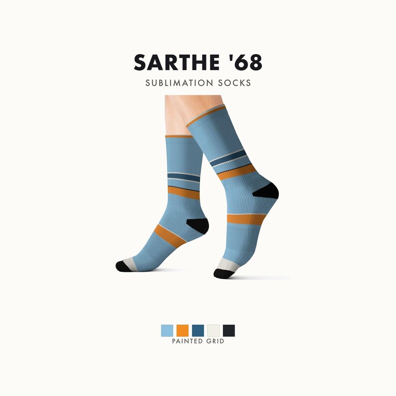 Abstract Racing Stripe Socks, Powder Blue Marigold Novelty Dress Socks (Sarthe ’68), Motorsport Gift for Him image 1