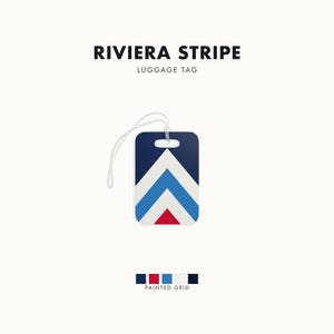 Abstract Racing Stripe Luggage Tag, Navy Azure Signal Red Geometric Bag Tag (Riviera Stripe), Travel Gift for Him
