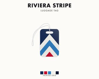 Abstract Racing Stripe Luggage Tag, Navy Azure Signal Red Geometric Bag Tag (Riviera Stripe), Travel Gift for Him