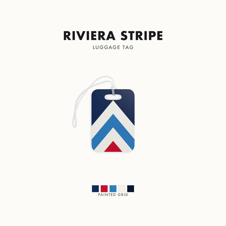 Abstract Racing Stripe Luggage Tag, Navy Azure Signal Red Geometric Bag Tag (Riviera Stripe), Travel Gift for Him