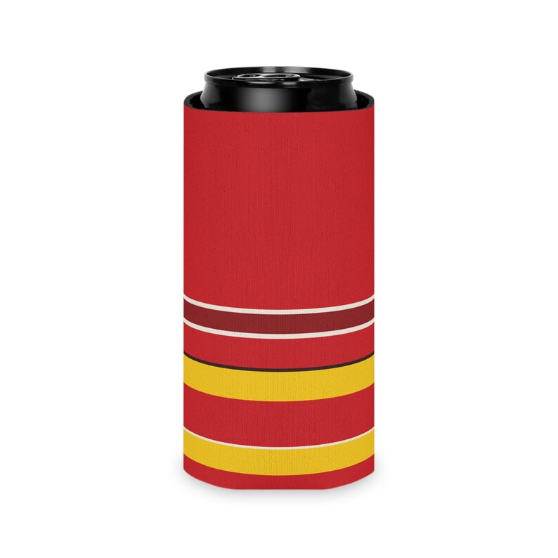 Dosenkühler mit abstraktem Rennstreifenmuster, rot-gelber geometrischer Dosenisolator (Modena-Rot), Motorsport-Geschenk Bild 8