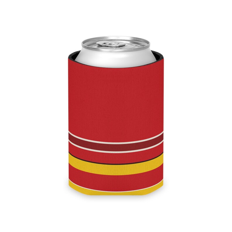 Dosenkühler mit abstraktem Rennstreifenmuster, rot-gelber geometrischer Dosenisolator (Modena-Rot), Motorsport-Geschenk Bild 5