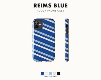 Abstract Racing Stripe Phone Case, French Racing Blue Bone Geometric Cover (Reims Blue), Retro Motorsport Gift