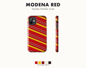 Abstract Racing Stripe Phone Case, Racing Red Shield Yellow Geometric Cover (Modena Red), Retro Motorsport Gift