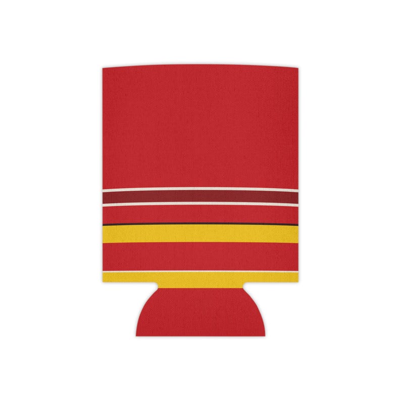 Dosenkühler mit abstraktem Rennstreifenmuster, rot-gelber geometrischer Dosenisolator (Modena-Rot), Motorsport-Geschenk Bild 3