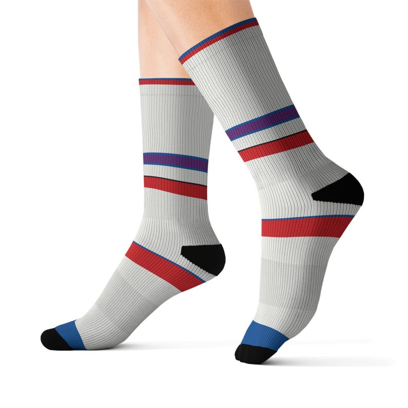 Abstract Racing Stripe Socks, Light Blue Violet Red Novelty Dress Socks (Bavarian Three), Motorsport Gift for Him image 6