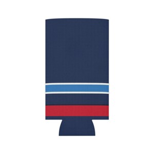 Enfriador de latas con diseño abstracto de rayas de carreras, aislante geométrico para latas en azul marino, azul celeste y rojo señal (Riviera Stripe), regalo para aficionados al automovilismo. imagen 6