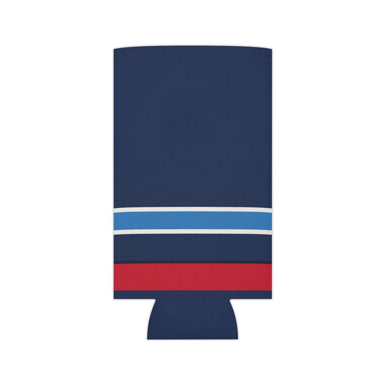 Enfriador de latas con diseño abstracto de rayas de carreras, aislante geométrico para latas en azul marino, azul celeste y rojo señal (Riviera Stripe), regalo para aficionados al automovilismo. imagen 6