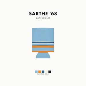 Abstract Racing Stripe Can Cooler, Powder Blue Marigold Geometric Can Insulator (Sarthe ’68), Motorsport Gift image 1