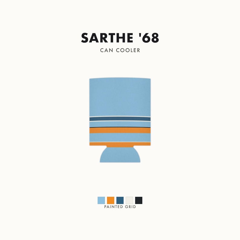 Abstract Racing Stripe Can Cooler, Powder Blue Marigold Geometric Can Insulator (Sarthe ’68), Motorsport Gift image 1