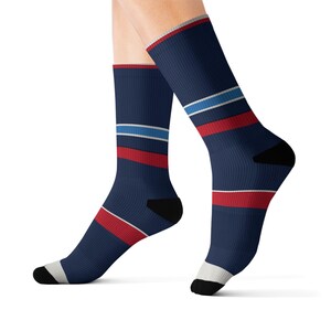 Abstract Racing Stripe Socks, Navy Azure Signal Red Novelty Dress Socks (Riviera Stripe), Motorsport Gift for Him image 2
