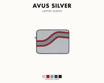 Abstracte laptophoes met racestrepen, zilverkleurige en rode geometrische laptophoes (Avus Silver), cadeau voor autoliefhebbers