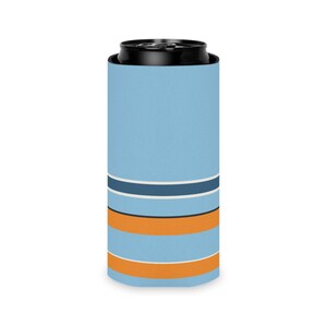 Abstract Racing Stripe Can Cooler, Powder Blue Marigold Geometric Can Insulator (Sarthe ’68), Motorsport Gift image 9