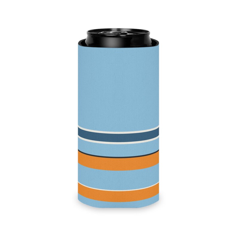 Abstract Racing Stripe Can Cooler, Powder Blue Marigold Geometric Can Insulator (Sarthe ’68), Motorsport Gift image 9