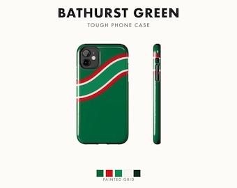 Abstracte racestreep telefoonhoes, groene, witte en rode geometrische cover (Bathurst Green), retro motorsport cadeau